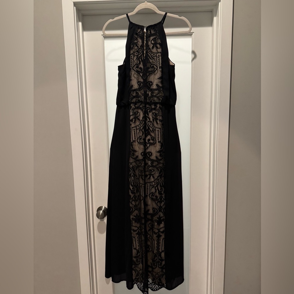 London Times Black Nude Lace Chiffon Halter Maxi Evening Gown – Size 6 - Picture 4 of 14